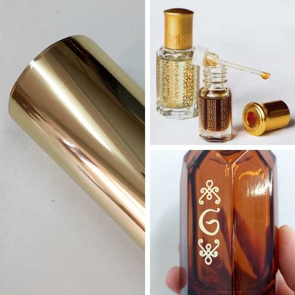 arte com rolo de fita hot stamping para vidro na cor dourada, frascos com a fita hot stamping para vidro aplicada