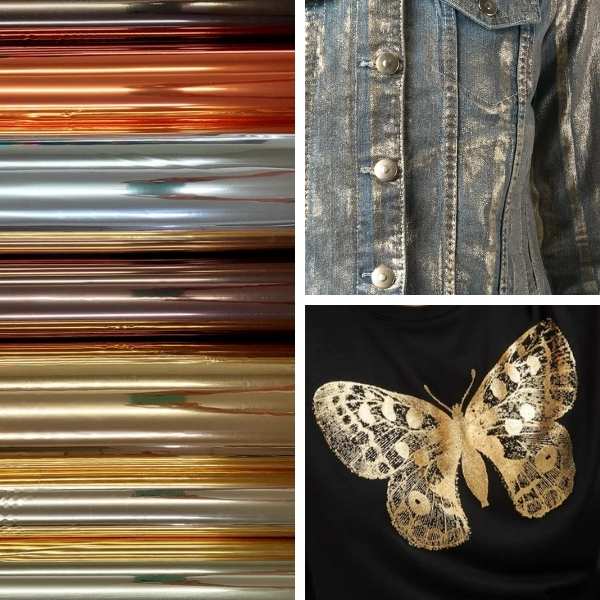 arte com uma imagem dos rolos de foil dourado, uma imagem de jaqueta jeans personalizada com foil dourado e uma imagem de uma camiseta com uma borboleta estampada com foil dourado